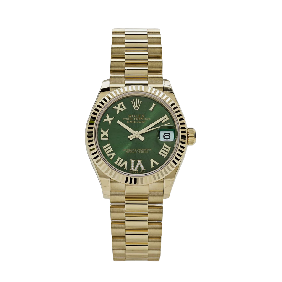 ROLEX DATE JUST LADIES YELLOW GOLD DIAMOND GREEN DIAL 31MM