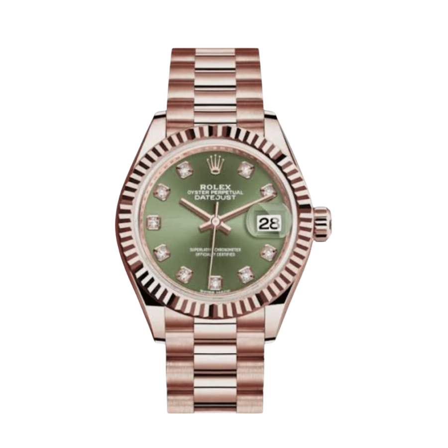 ROLEX DATE JUST LADIES ROSE GOLD OLIVE DIAMOND GREEN DIAL 28MM