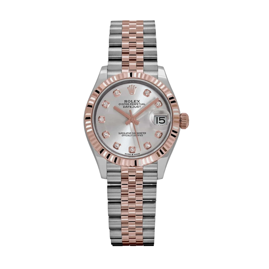 ROLEX DATE JUST LADIES ROSE GOLD SILVER DIAMOND DIAL 31MM