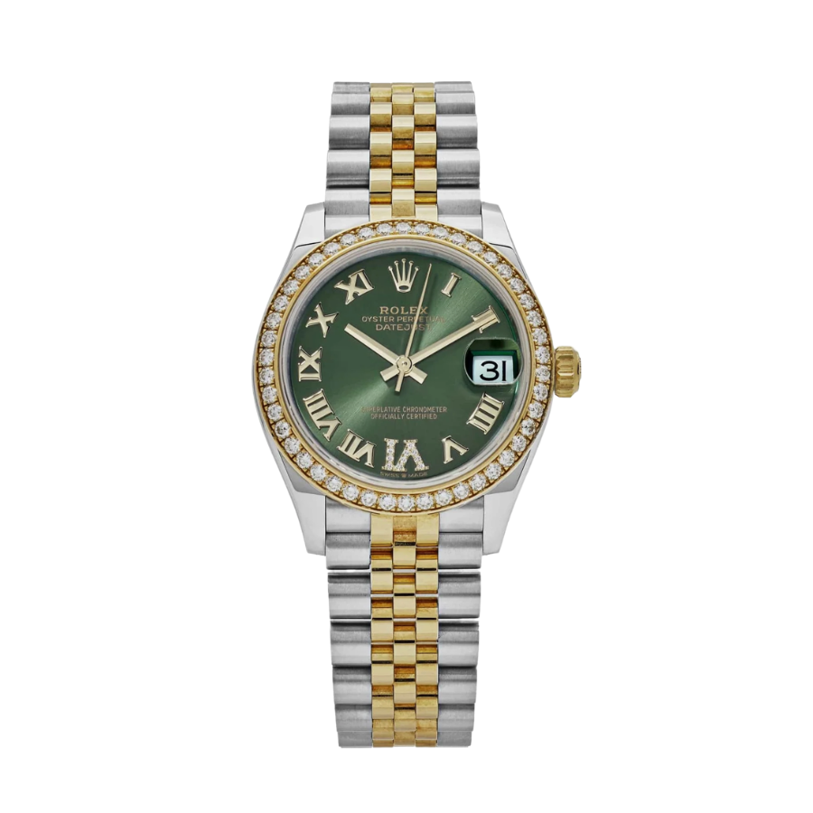 ROLEX DATE JUST LADIES YELLOW GOLD GREEN ROMAN DIAL 31MM