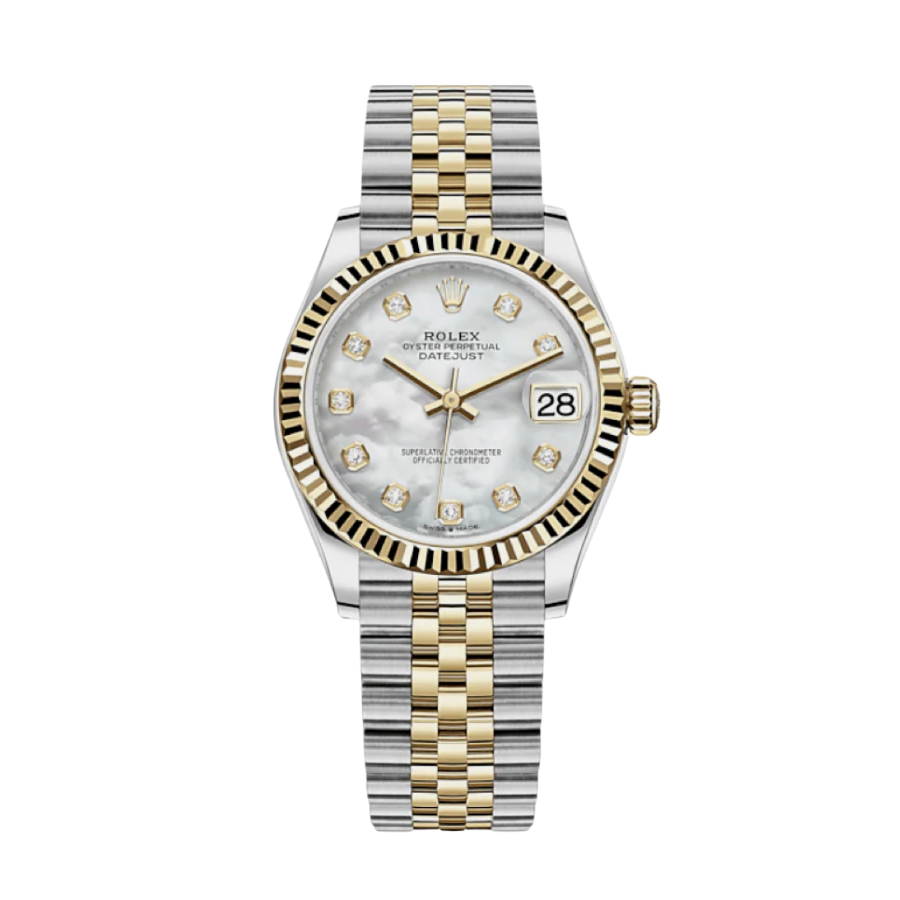 ROLEX DATE JUST LADIES YELLOW GOLD MOTHER OF PEARL DIAMOND DIAL 31MM