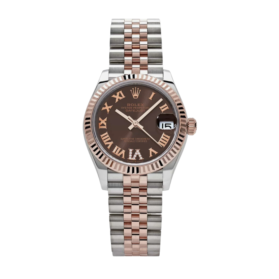 ROLEX DATE JUST LADIES ROSE GOLD ROMAN CHOCOLATE DIAL 31MM
