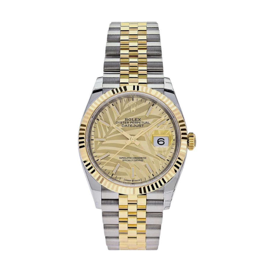 ROLEX DATE JUST YELLOW GOLD PALM MOTIF DIAL 36MM