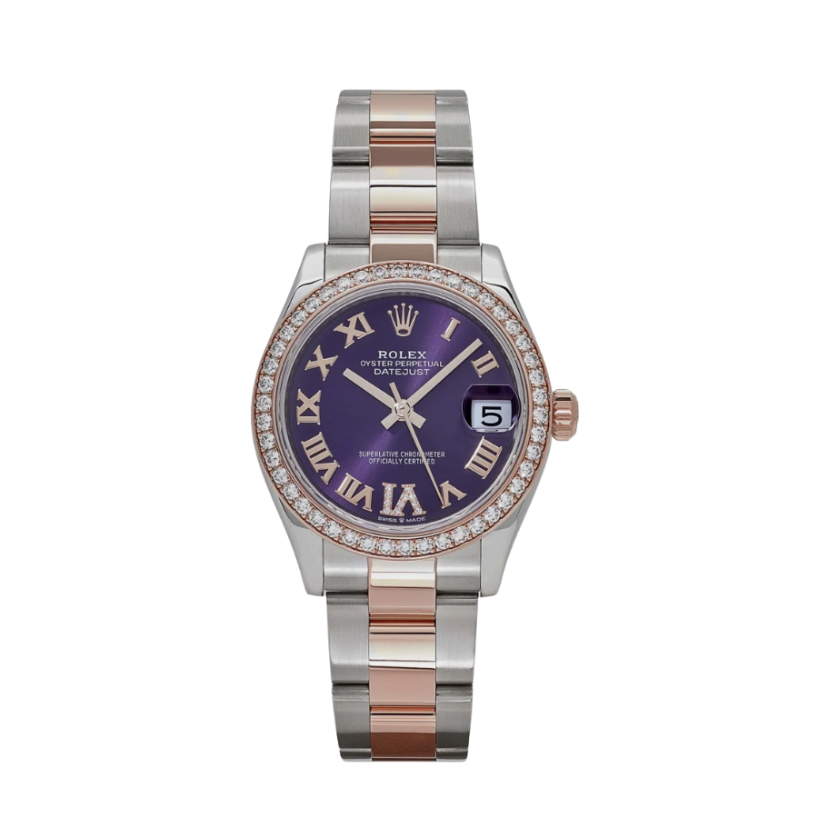 ROLEX DATE JUST LADIES ROSE GOLD AUBERGINE PURPLE DIAL 31MM